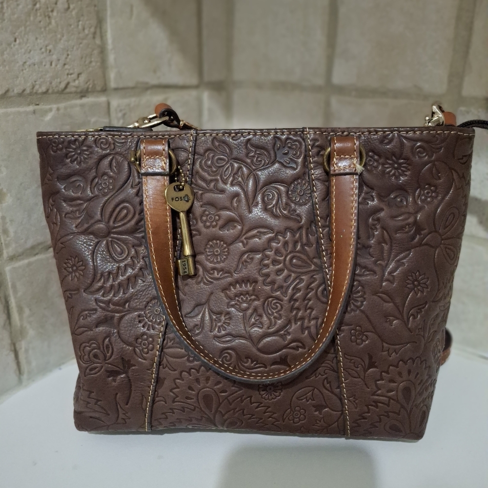 Fossil Brown Floral Tooled Embossed Leather Shoulder Crossbody Bag